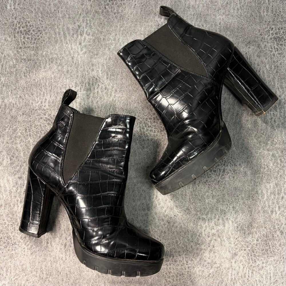 Black Croc Embossed Chunky Ankle Boots